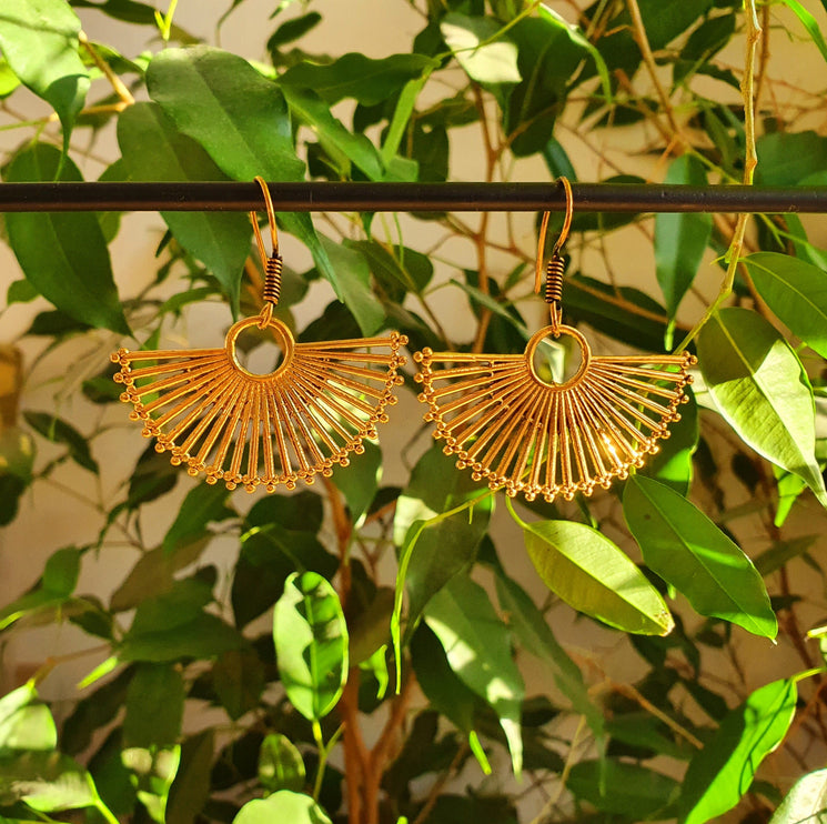 Large Gold Fan Drop Brass Earrings; Ethnic, Geometric, Small, Rustic, Yoga, Hippie, Gypsy, Pretty, Ssy, Boho, Bohemian, Festival