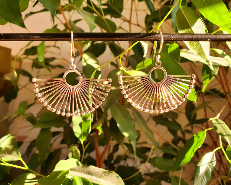 Large Silver Fan Earrings; Ethnic, Geometric, Small, Rustic, Yoga, Hippie, Gypsy, Pretty, Ssy, Boho, Bohemian, Festival