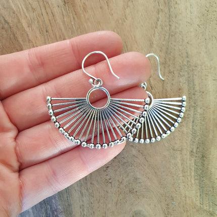 Large Silver Fan Earrings; Ethnic, Geometric, Small, Rustic, Yoga, Hippie, Gypsy, Pretty, Ssy, Boho, Bohemian, Festival