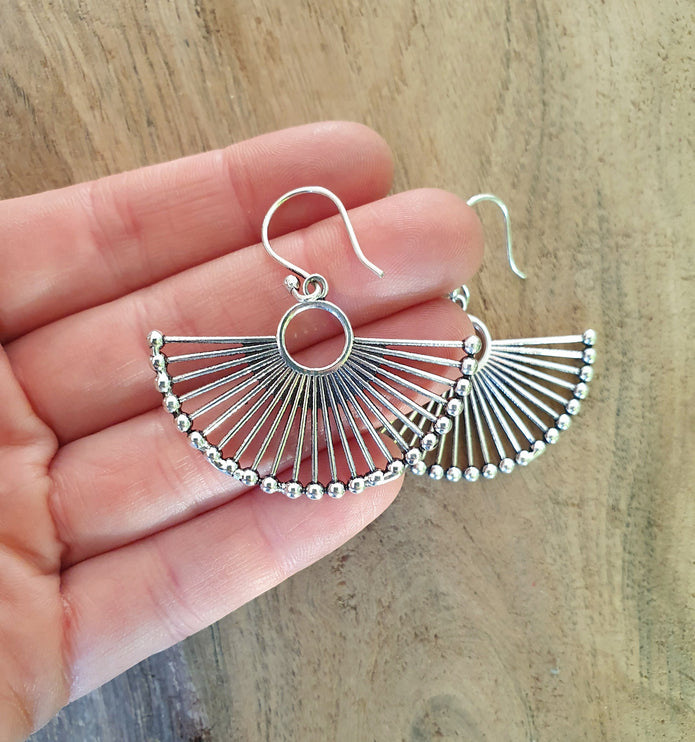 Large Silver Fan Earrings; Ethnic, Geometric, Small, Rustic, Yoga, Hippie, Gypsy, Pretty, Ssy, Boho, Bohemian, Festival