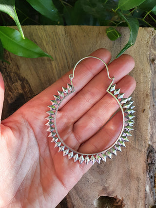 Extra Large Spiky Silver Hoop Earrings, Boho Ethnic Rustic, Festival Fashion, Psy Trance Wear