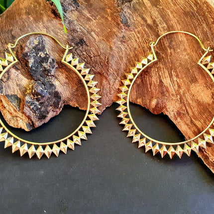 Extra Large Spiky Gold Hoop Earrings; Boho Ethnic Rustic Indian Festival Psy Gypsy Spiral Hippie style