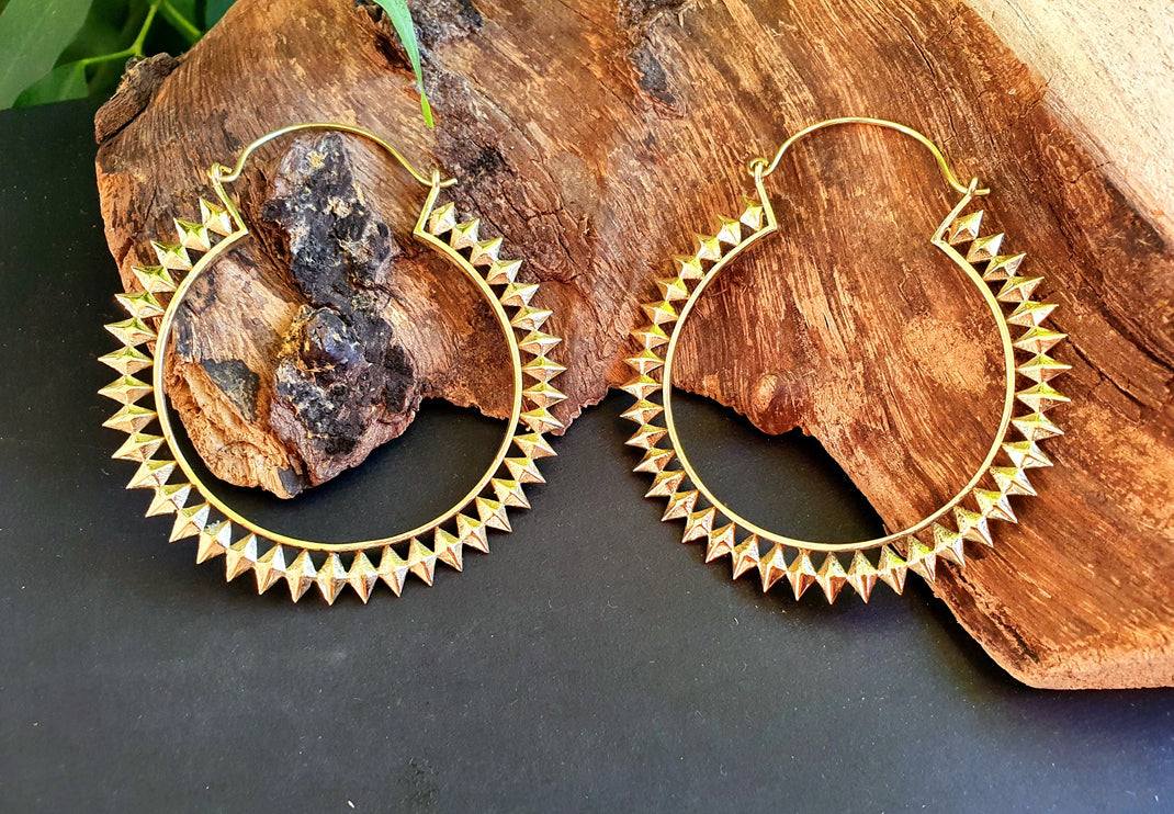 Extra Large Spiky Gold Hoop Earrings; Boho Ethnic Rustic Indian Festival Psy Gypsy Spiral Hippie style