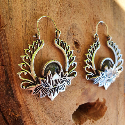 Silver Lotus Flower Labradorite Earrings rustic, yoga, hippie, gypsy, pretty, psy, boho, bohemian, festival