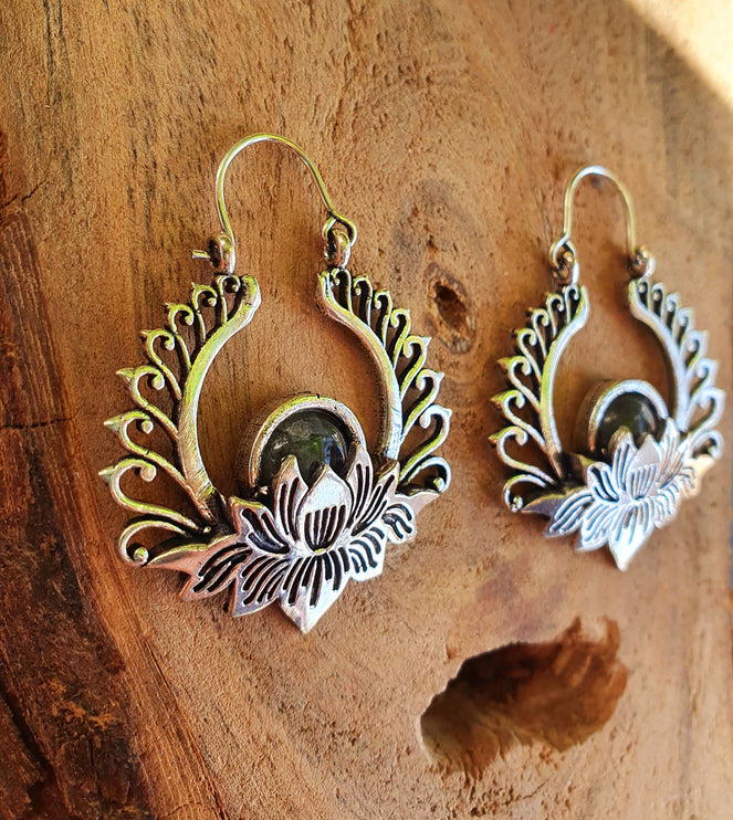 Silver Lotus Flower Labradorite Earrings rustic, yoga, hippie, gypsy, pretty, psy, boho, bohemian, festival