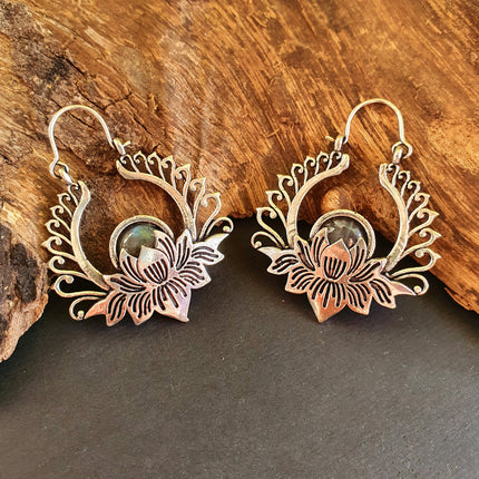 Silver Lotus Flower Labradorite Earrings rustic, yoga, hippie, gypsy, pretty, psy, boho, bohemian, festival