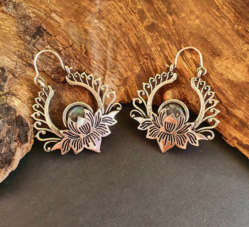 Silver Lotus Flower Labradorite Earrings rustic, yoga, hippie, gypsy, pretty, psy, boho, bohemian, festival