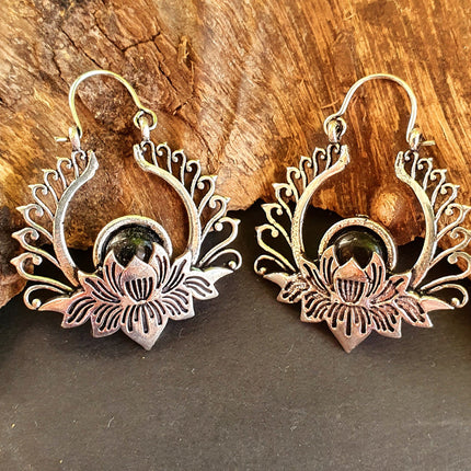 Silver Lotus Flower Black Onyx Earrings rustic, yoga, hippie, gypsy, pretty, psy, boho, bohemian, festival