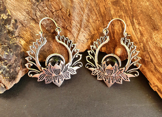 Silver Lotus Flower Black Onyx Earrings rustic, yoga, hippie, gypsy, pretty, psy, boho, bohemian, festival