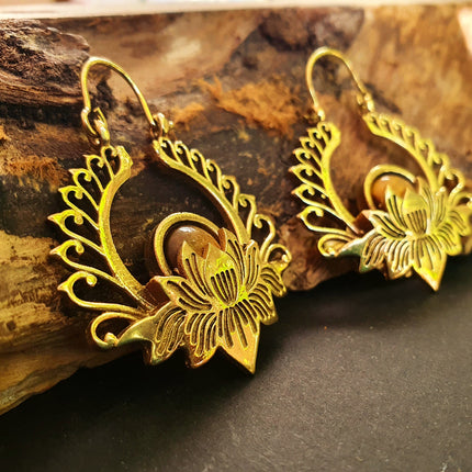 Golden Lotus Flower Tiger Eye Earrings rustic, yoga, hippie, gypsy, pretty, psy, boho, bohemian, festival