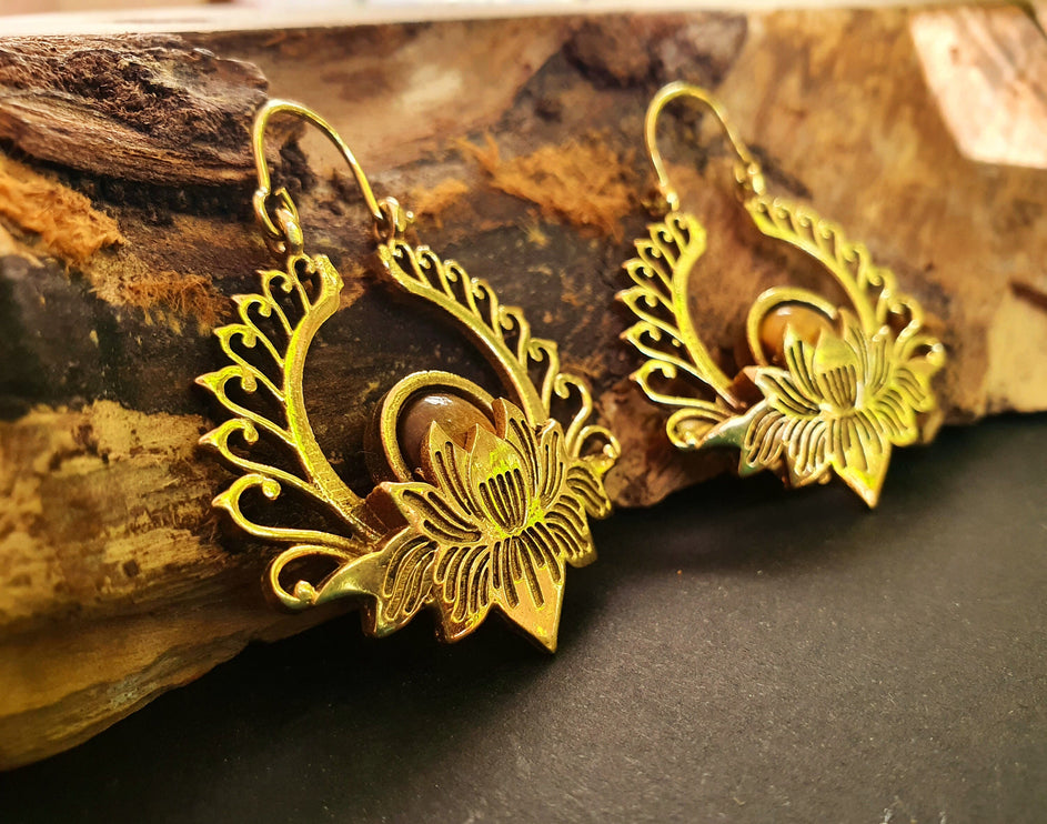 Golden Lotus Flower Tiger Eye Earrings rustic, yoga, hippie, gypsy, pretty, psy, boho, bohemian, festival