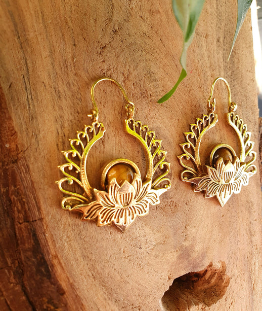 Golden Lotus Flower Tiger Eye Earrings rustic, yoga, hippie, gypsy, pretty, psy, boho, bohemian, festival