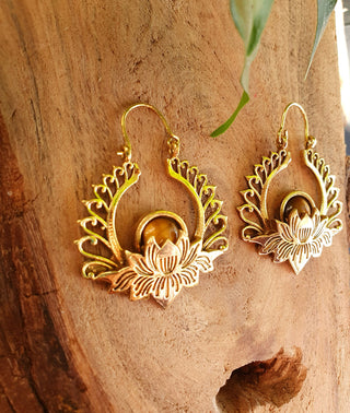 Golden Lotus Flower Tiger Eye Earrings rustic, yoga, hippie, gypsy, pretty, psy, boho, bohemian, festival