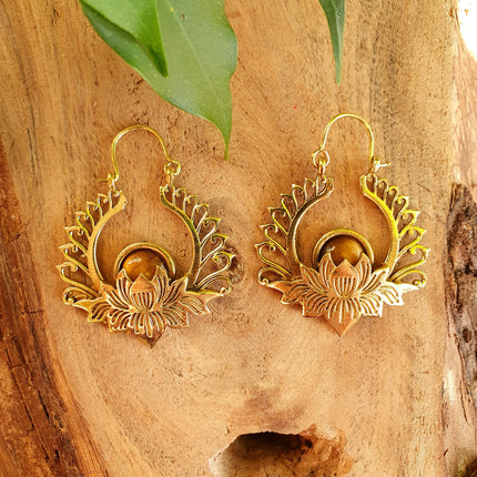 Golden Lotus Flower Tiger Eye Earrings rustic, yoga, hippie, gypsy, pretty, psy, boho, bohemian, festival