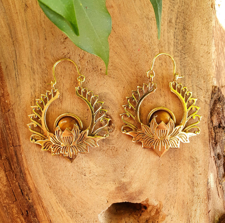 Golden Lotus Flower Tiger Eye Earrings rustic, yoga, hippie, gypsy, pretty, psy, boho, bohemian, festival