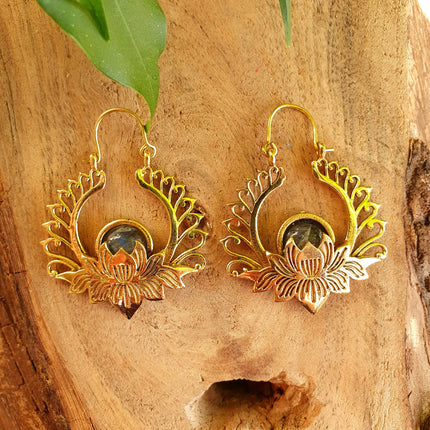 Golden Lotus Flower Labradorite Earrings rustic, yoga, hippie, gypsy, pretty, psy, boho, bohemian, festival