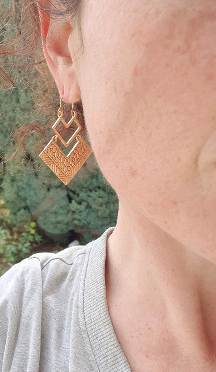 Golden Ethnic Dangle Earrings / Illuminati / Mandala / Geometric / Rustic / Hippie / Gypsy / Psy / Boho / Bohemian /