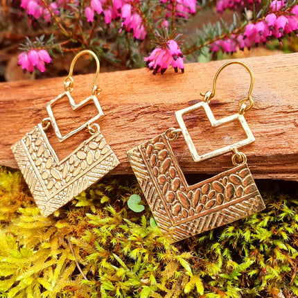 Golden Ethnic Dangle Earrings / Illuminati / Mandala / Geometric / Rustic / Hippie / Gypsy / Psy / Boho / Bohemian /