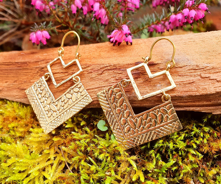 Golden Ethnic Dangle Earrings / Illuminati / Mandala / Geometric / Rustic / Hippie / Gypsy / Psy / Boho / Bohemian /