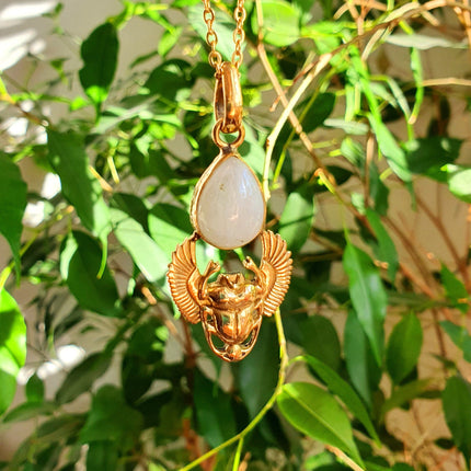 Golden Scarab Necklace / Moonstone / Talisman / Third Eye / Hypoallergenic / Brass / Boho / Inca / Ethnic / Illuminati