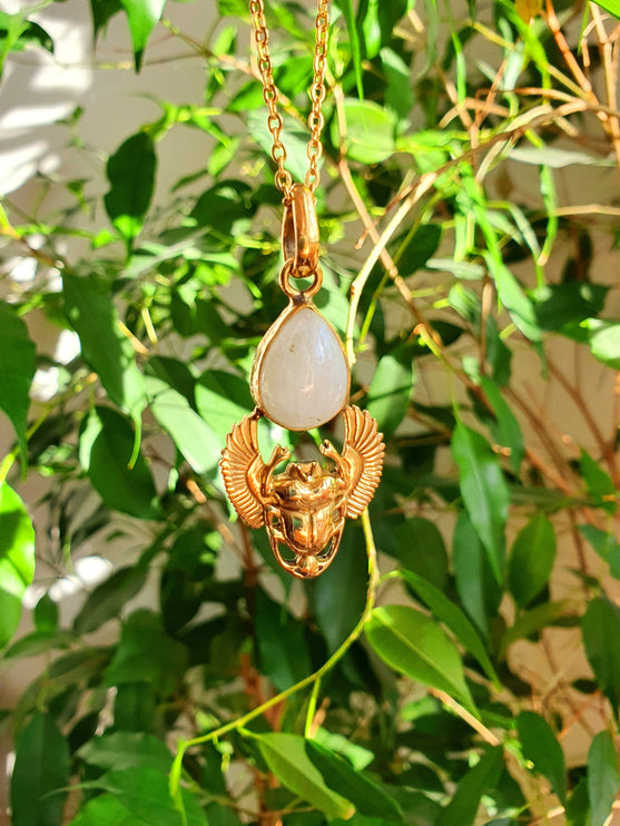 Golden Scarab Necklace / Moonstone / Talisman / Third Eye / Hypoallergenic / Brass / Boho / Inca / Ethnic / Illuminati