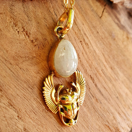 Golden Scarab Necklace / Moonstone / Talisman / Third Eye / Hypoallergenic / Brass / Boho / Inca / Ethnic / Illuminati