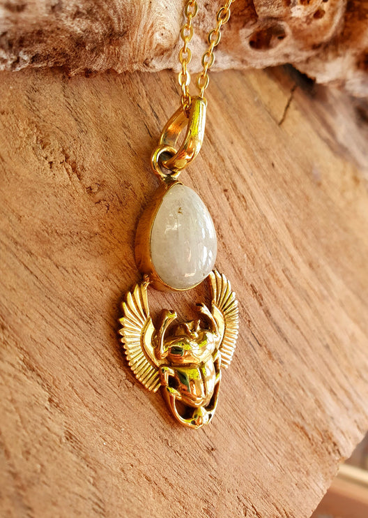 Golden Scarab Necklace / Moonstone / Talisman / Third Eye / Hypoallergenic / Brass / Boho / Inca / Ethnic / Illuminati