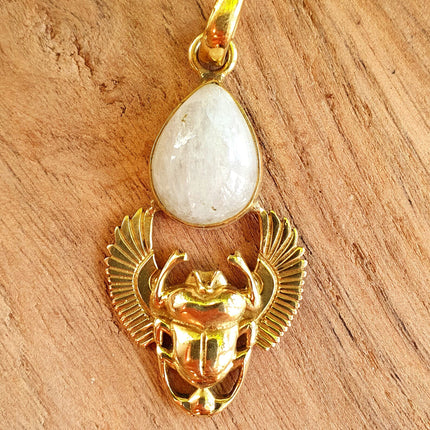 Golden Scarab Necklace / Moonstone / Talisman / Third Eye / Hypoallergenic / Brass / Boho / Inca / Ethnic / Illuminati