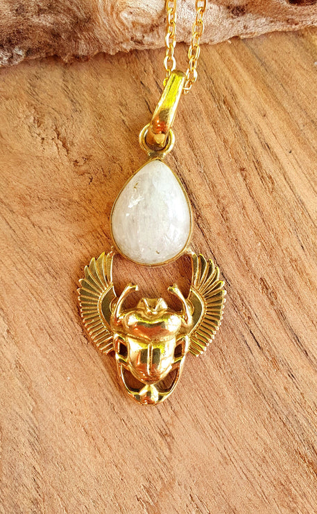 Golden Scarab Necklace / Moonstone / Talisman / Third Eye / Hypoallergenic / Brass / Boho / Inca / Ethnic / Illuminati