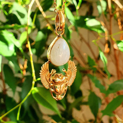 Golden Scarab Necklace / Moonstone / Talisman / Third Eye / Hypoallergenic / Brass / Boho / Inca / Ethnic / Illuminati