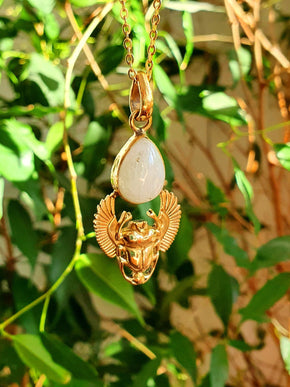 Golden Scarab Necklace / Moonstone / Talisman / Third Eye / Hypoallergenic / Brass / Boho / Inca / Ethnic / Illuminati