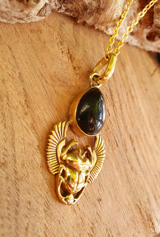 Golden Scarab Necklace / Black Onyx / Talisman / Third Eye / Hypoallergenic / Brass / Boho / Inca / Ethnic / Illuminati