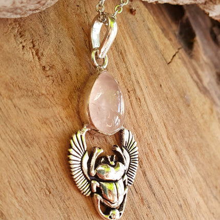 Silver Scarab Necklace / Rose Quartz / Talisman / Third Eye / Hypoallergenic / Brass / Boho / Inca / Ethnic / Illuminati