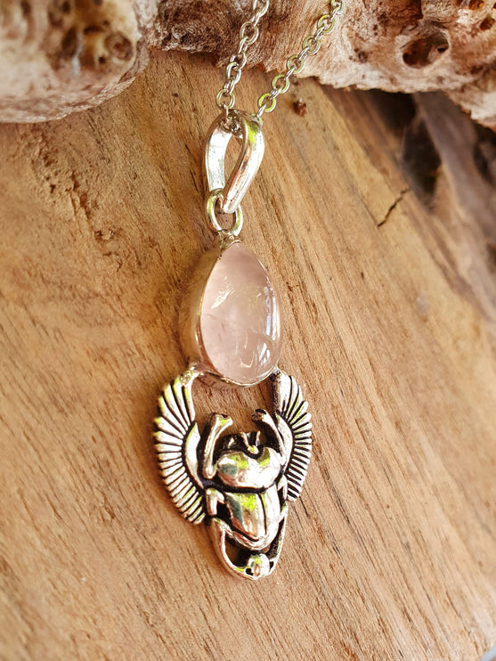 Silver Scarab Necklace / Rose Quartz / Talisman / Third Eye / Hypoallergenic / Brass / Boho / Inca / Ethnic / Illuminati