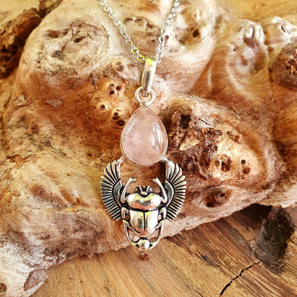 Silver Scarab Necklace / Rose Quartz / Talisman / Third Eye / Hypoallergenic / Brass / Boho / Inca / Ethnic / Illuminati