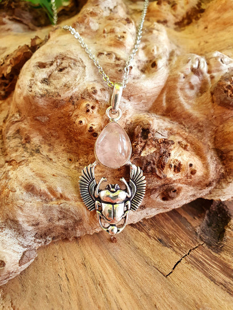 Silver Scarab Necklace / Rose Quartz / Talisman / Third Eye / Hypoallergenic / Brass / Boho / Inca / Ethnic / Illuminati