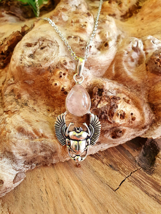 Silver Scarab Necklace / Rose Quartz / Talisman / Third Eye / Hypoallergenic / Brass / Boho / Inca / Ethnic / Illuminati