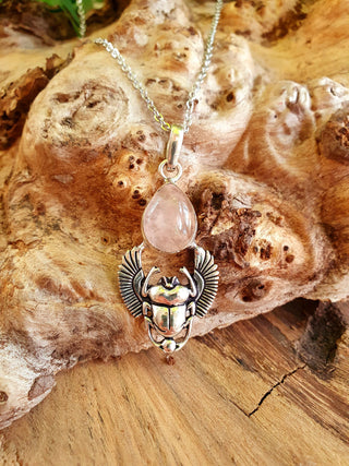 Silver Scarab Necklace / Rose Quartz / Talisman / Third Eye / Hypoallergenic / Brass / Boho / Inca / Ethnic / Illuminati