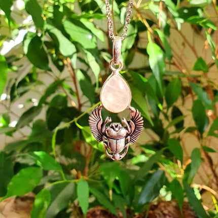 Silver Scarab Necklace / Rose Quartz / Talisman / Third Eye / Hypoallergenic / Brass / Boho / Inca / Ethnic / Illuminati