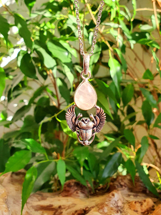 Silver Scarab Necklace / Rose Quartz / Talisman / Third Eye / Hypoallergenic / Brass / Boho / Inca / Ethnic / Illuminati