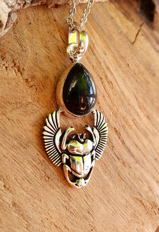 Silver Scarab Necklace / Black Onyx / Talisman / Third Eye / Hypoallergenic / Brass / Boho / Inca / Ethnic / Illuminati