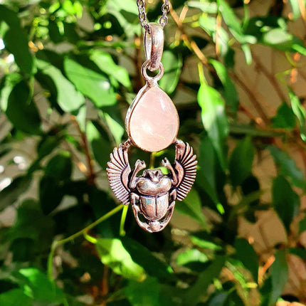 Silver Scarab Necklace / Rose Quartz / Talisman / Third Eye / Hypoallergenic / Brass / Boho / Inca / Ethnic / Illuminati