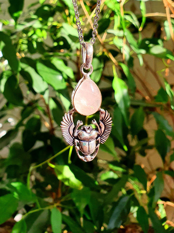 Silver Scarab Necklace / Rose Quartz / Talisman / Third Eye / Hypoallergenic / Brass / Boho / Inca / Ethnic / Illuminati