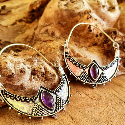 Amethyst & Silver Hoop Earrings Ethnic, rustic, yoga, hippie, gypsy, pretty, psy, boho, bohemian, festival