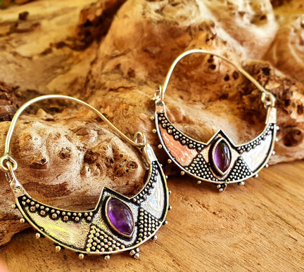 Amethyst & Silver Hoop Earrings Ethnic, rustic, yoga, hippie, gypsy, pretty, psy, boho, bohemian, festival