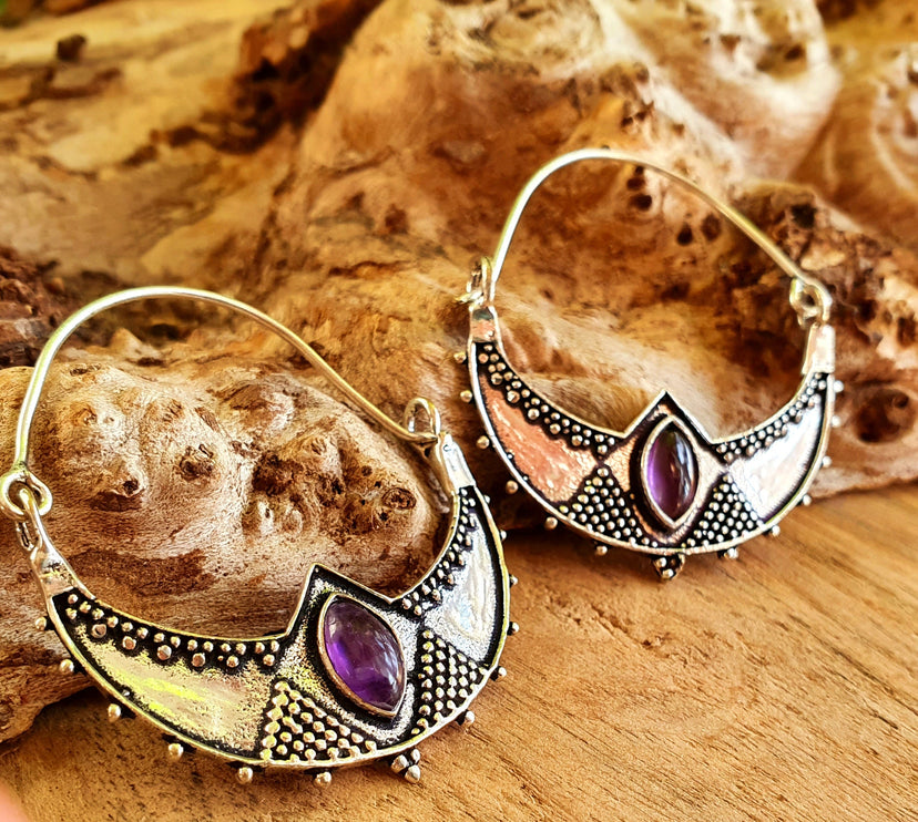 Amethyst & Silver Hoop Earrings Ethnic, rustic, yoga, hippie, gypsy, pretty, psy, boho, bohemian, festival