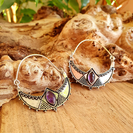 Amethyst & Silver Hoop Earrings Ethnic, rustic, yoga, hippie, gypsy, pretty, psy, boho, bohemian, festival