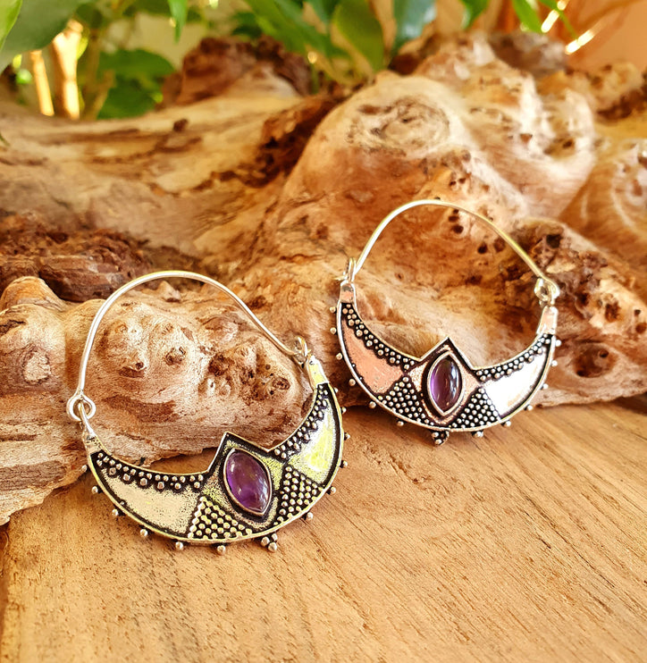 Amethyst & Silver Hoop Earrings Ethnic, rustic, yoga, hippie, gypsy, pretty, psy, boho, bohemian, festival