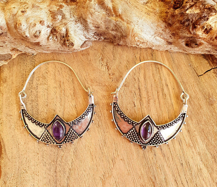 Amethyst & Silver Hoop Earrings Ethnic, rustic, yoga, hippie, gypsy, pretty, psy, boho, bohemian, festival