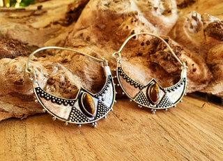 Tiger's Eye Silver Spiky Hoop Earrings Ethnic, rustic, yoga, hippie, gypsy, pretty, psy, boho, bohemian, festival